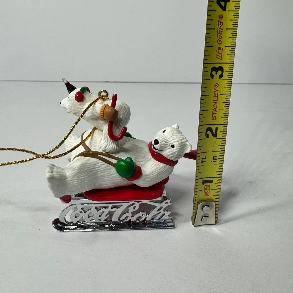 Vintage 1997 Coca-Cola Polar Bears Sledding Christmas Ornament Silver Logo Base